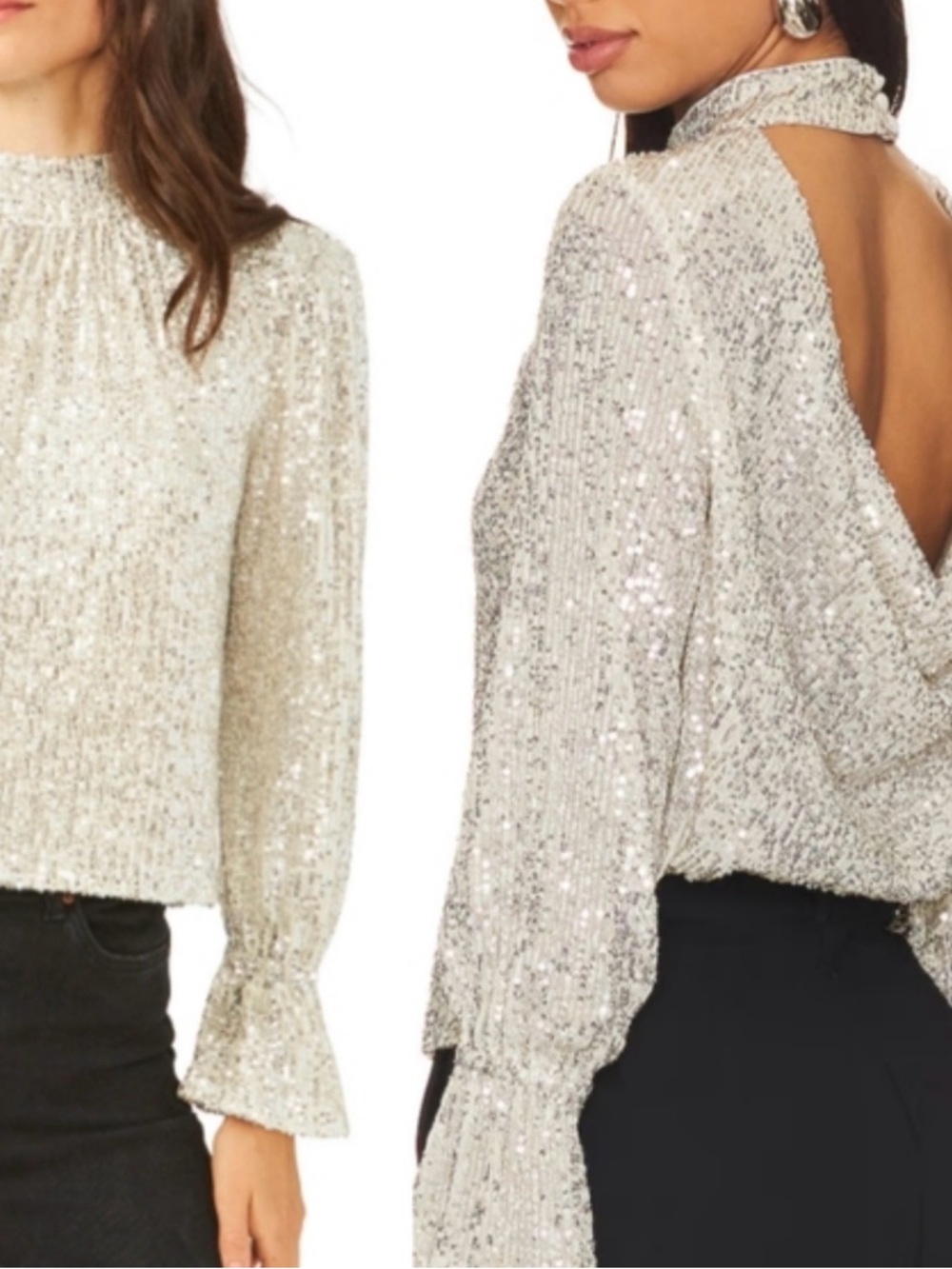 1. State Silver Sequin Open-Back Long-Sleeve Top, NWT, Size M